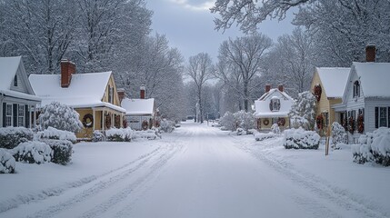 A snow-covered street lined with Victorian-style homes decorated with wreaths.