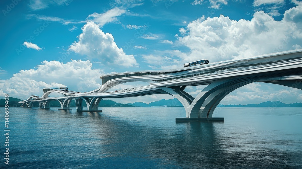 Aufkleber futuristic multi-level bridge spanning over a wide bay, with moving sections that adapt to both huma