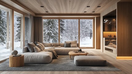Fototapeta premium Cozy modern living room with a snowy landscape view outside.