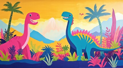 Colorful Dinosaur Mural with Tropical Plants and Sunset Background