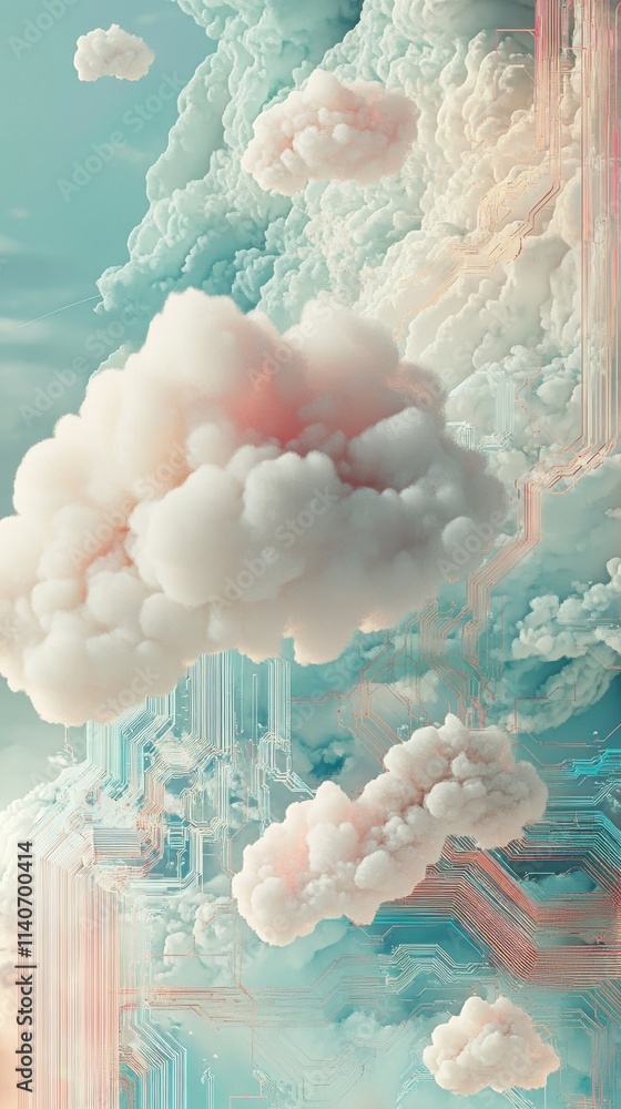 Poster abstract visualization showcasing the intricate concepts of cloud computing and digital connectivity