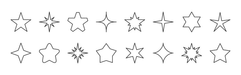 Outline stars various shape set. Linear five pointed twinkling forms, radiant beams, sharp rays, abstract light bursts, geometric hollow sparkles, glowing halos, shimmering flares, spark brilliance