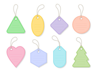 Set of colorful tags in various shapes as heart triangle, oval circle, square, hexagon, Christmas tree designs. Each tag has a hole and string for hanging, soft pastel shades, lined space for text