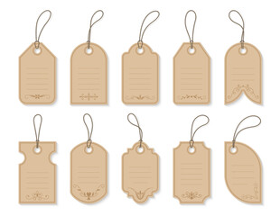 Set of vintage paper tags featuring various shapes, elegant borders, floral decorations and lines for writing. Each cardboard tag has a punched hole and string, classic design with soft beige tones