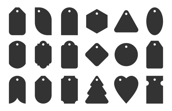 Black price tags set. Various geometric decorative label forms as rectangle, circle oval, triangle, heart, Christmas tree, hexagonal, classic and custom shapes. Each tag has a hole for rope hanging