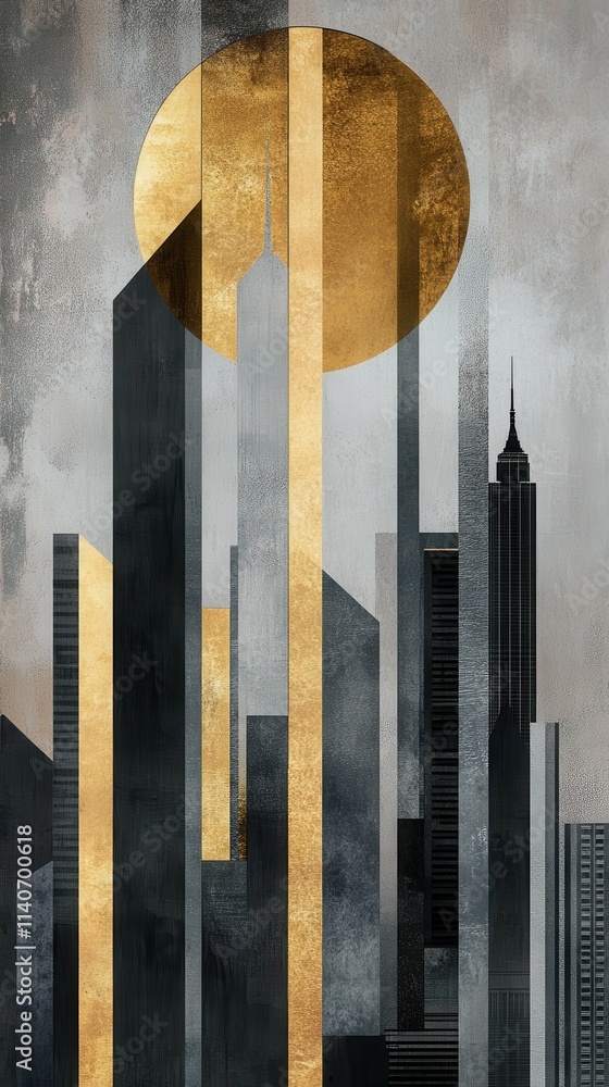 Poster abstract city skyline with golden moon and modern architectural elements featuring tall buildings in