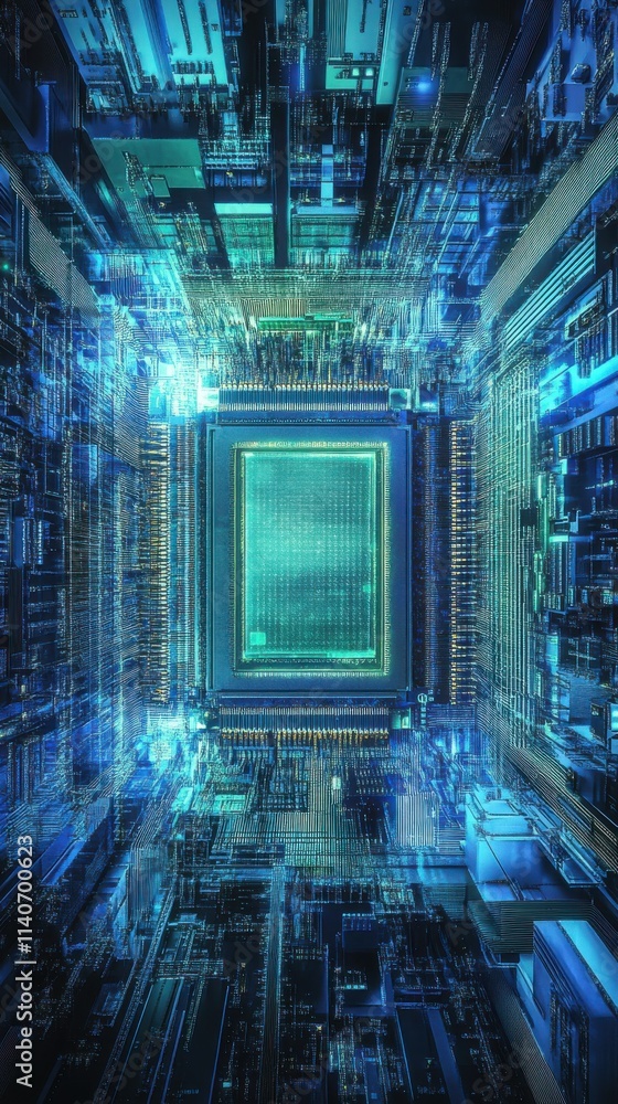 Poster Intricate abstract representation of a microchip showcasing advanced technology and digital design elements in vivid colors