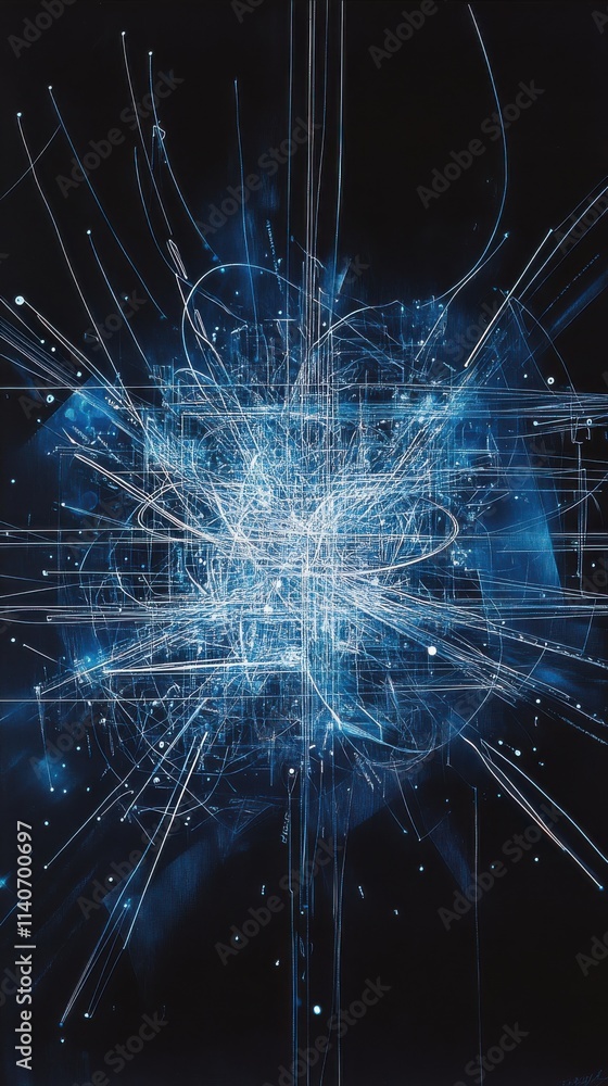 Poster complex abstract depiction of dynamic data streams with glowing blue and white lines moving against 