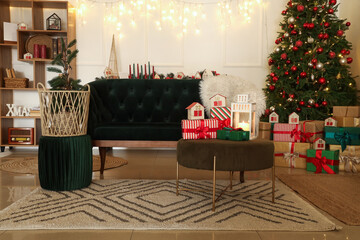 Stylish interior of living room with Christmas tree and different gifts