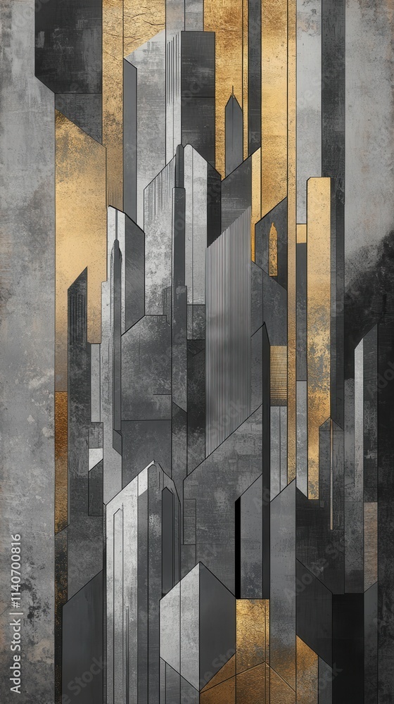 Poster Abstract representation of a city skyline with geometric shapes in gray and gold tones highlighting urban architecture