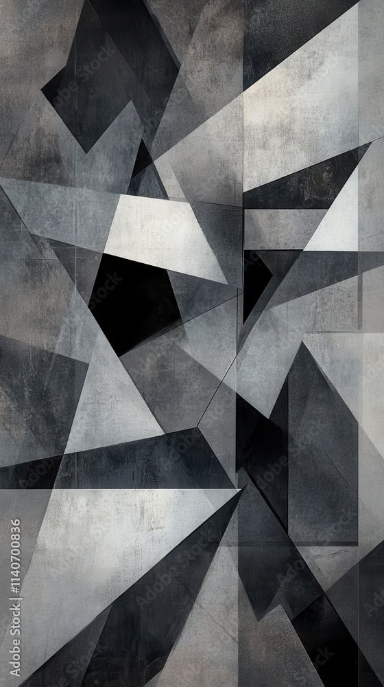 Poster abstract composition of overlapping geometric shapes in a muted color palette featuring dark and lig