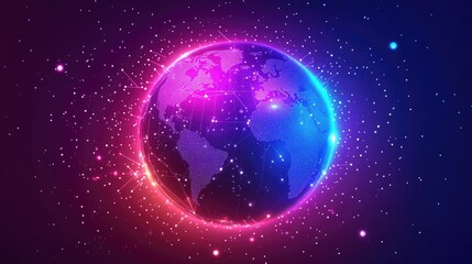 Fototapeta premium A vibrant illustration of a connected globe symbolizing international trade, glowing circuits and dots, futuristic, vibrant colors, tech-inspired
