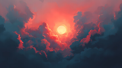 Brilliant sun rising through dense grey clouds, lighting up the sky with a burst of color, signifying hope and transformation. sunrise clouds, symbolic transformation. Ashen. Illustration