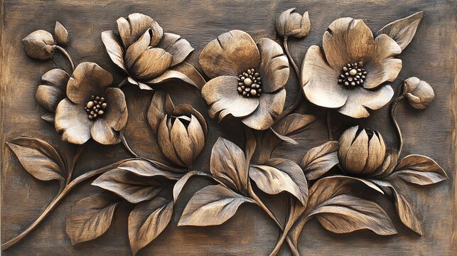 Elegant carved flowers with detailed leaves in a textured design.