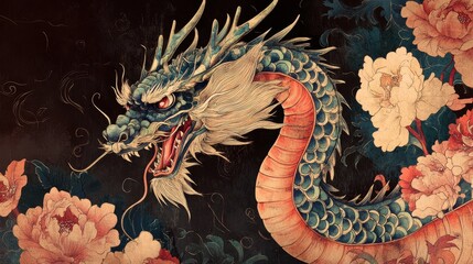 Majestic Blue Dragon Surrounded by Floral Patterns and Swirls