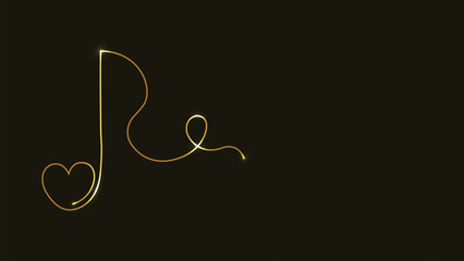 Gold music notes. Treble clef. Heart shape. Music of Love. Line art. Gold isolated on black background. Continuous line drawing. vector illustration. Abstract. Copy space. Musical theme. Music key. 
