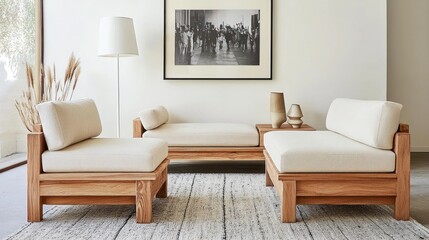Wooden furniture arrangement on a rug.