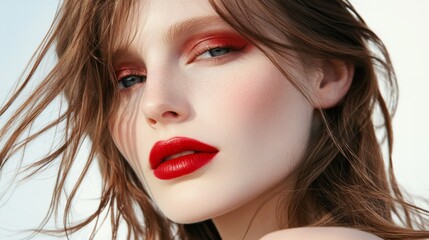 Fototapeta premium Stunning Close-Up of Model with Bold Red Lipstick and Dramatic Makeup