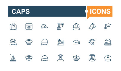 Set of Caps line icons. Contains related to fashion, styles, clothes, cap, head, turban, female and more. Minimalistic icons. Vector line and solid icons.