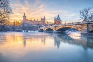 Fototapeta premium A bridge spans across a calm river towards buildings at sunrise