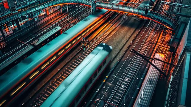 Trains move swiftly through a busy station illuminated by vibrant lights, creating a dynamic urban atmosphere during the nighttime.