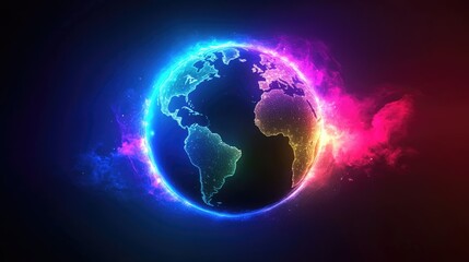 Fototapeta premium A visual of interconnected continents over a glowing 3D globe, showing global trade relations, cyberpunk aesthetics, radiant neon colors