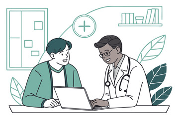 an illustration of two men sitting at a table with a laptop in front of them, flat illustration, digital health, shaded flat illustration, dribble illustration, male physician, simple and clean 