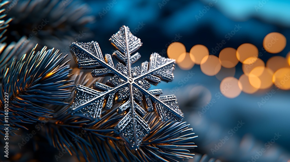 Aufkleber sparkling snowflake ornament on frosted pine with bokeh background