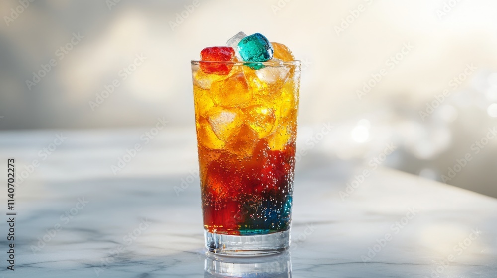 Poster colorful refreshing drink with ice cubes on a marble table