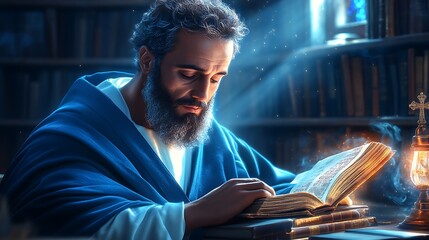 A detailed image of Saint Augustine in a dimly lit library, surrounded by ancient books and scrolls, deep in study with an oil lamp casting warm light,