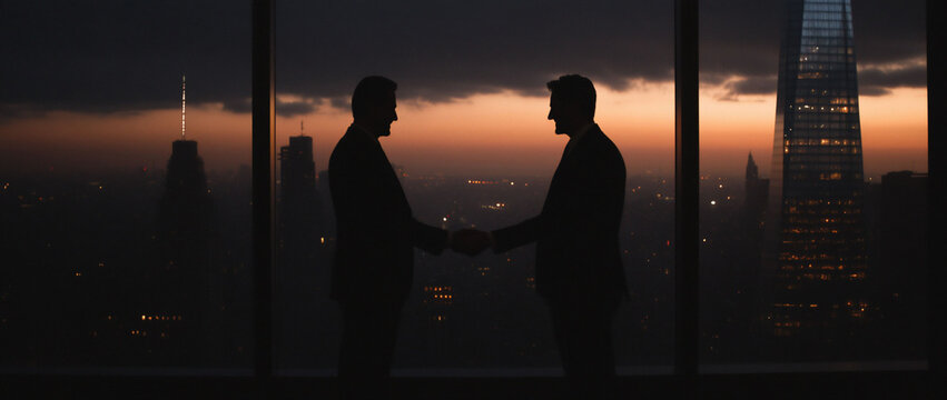 Two businesspeople shaking hands against a city skyline.
