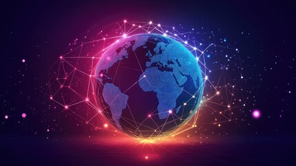 Naklejka premium A visual of interconnected continents over a glowing 3D globe, showing global trade relations, cyberpunk aesthetics, radiant neon colors