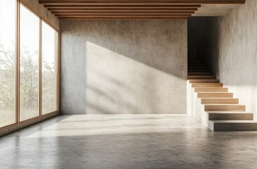 A large room with a staircase and a window