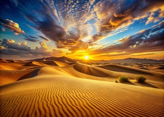 Naklejka premium Stunning Desert Landscape Photography: Rule of Thirds Composition, Epic Sunset, Sand Dunes, Arid Scenery, Sahara Desert Images