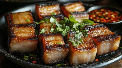Delicious Grilled Pork Belly Slices with Fresh Herbs and Sauce