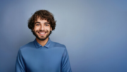 Obraz premium Portrait of handsome 30 year old brown curly haired guy with wide smile and light blue t-shirt, looks at camera with happy expression