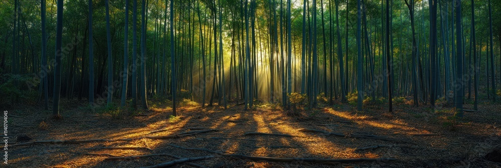 Poster a serene forest scene with sunlight filtering through trees, creating a tranquil atmosphere.
