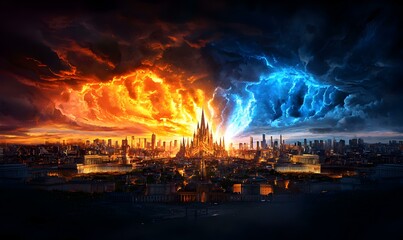 Epic Fantasy Landscape with Dramatic Sky and City View