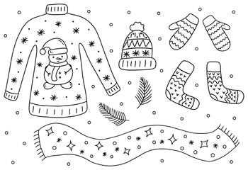 Set of winter season clothes. Sweater and hat, mittens and warm socks, scarf. Spruce branches and snow. Black and white vector isolated illustration hand drawn doodle. Winter vibe garment