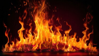 Realistic Fire Flames with Intense Orange and Red Glows on Black Background for Fireplace Visuals, Simulation Effects, Fire Safety Training, Digital Art Projects, or Cinematic Heat Ambience