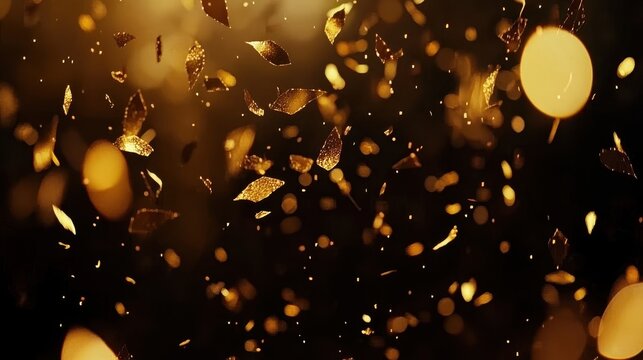 Golden confetti falling in slow motion over a black background with soft glowing lights