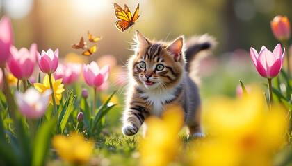 Playful kitten chasing butterflies among blooming flowers in a vibrant garden