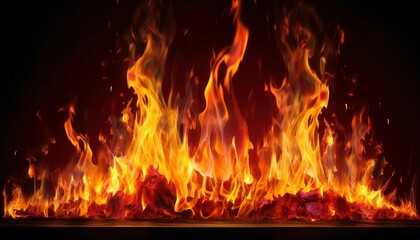 Realistic Fire Flames with Intense Orange and Red Glows on Black Background for Fireplace Visuals, Simulation Effects, Fire Safety Training, Digital Art Projects, or Cinematic Heat Ambience