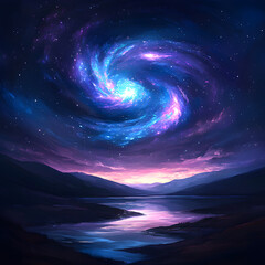 mystical galaxy glows brightly, forming a silhouette of swirling stars and nebulae. The galaxy appears otherworldly, casting ethereal colors like purples, blues, and pinks against a backdrop of deep 