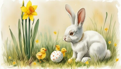 Fototapeta premium cute white rabbit with an Easter egg next to it and a small chicken, on the background of a green lawn with yellow daffodil flowers, Easter day, Easter eggs and a rabbit