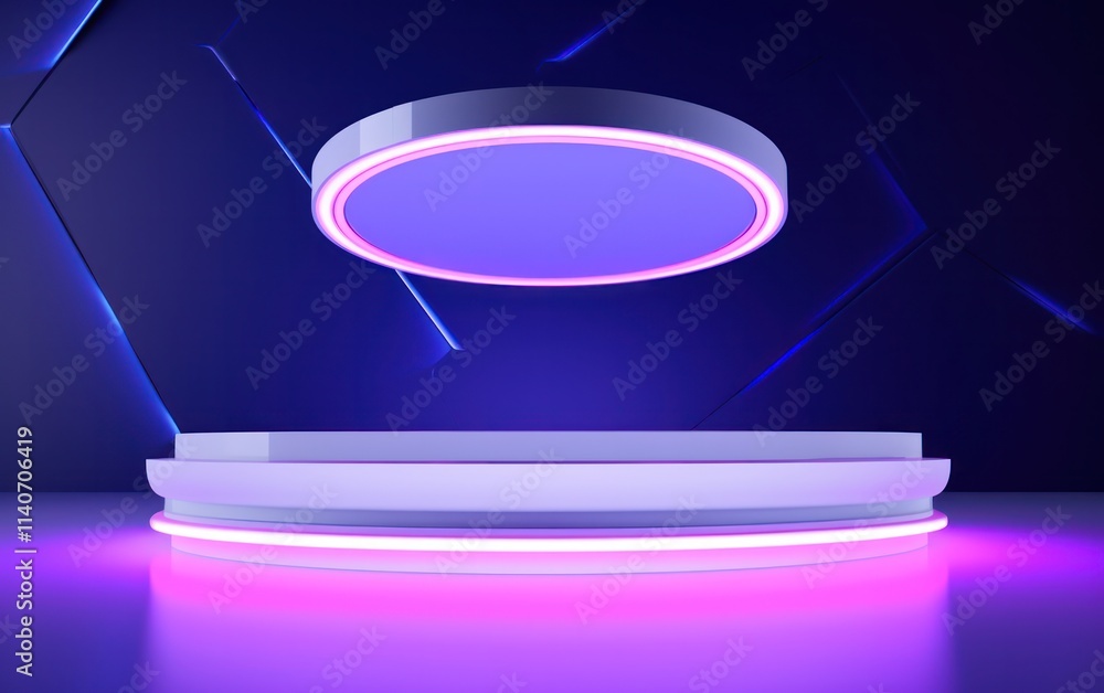 Poster futuristic display platform with glowing edges set against a deep blue background ideal for presenta