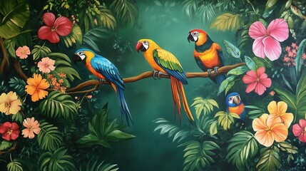 Vibrant Parrots on a Tropical Branch Surrounded by Flowers