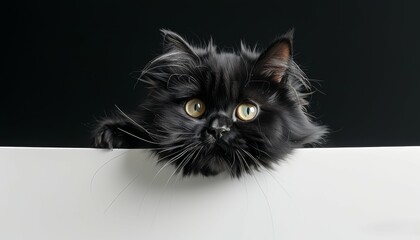 A black little curious kitten lying on the floor and peeping on a black background