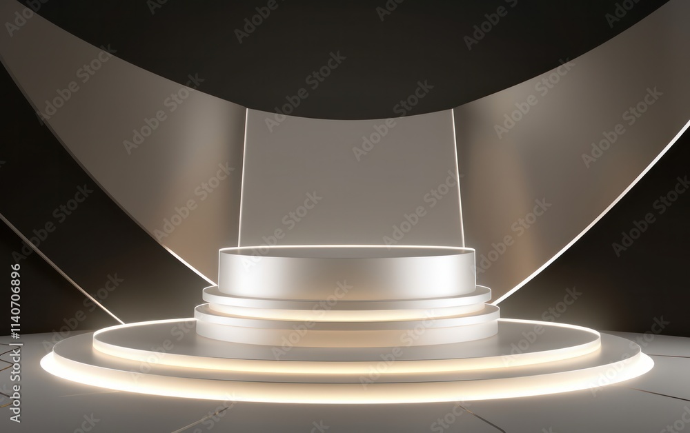 Poster modern illuminated podium with circular bases set against a dark backdrop ideal for presentations or