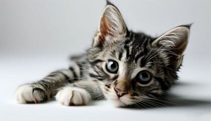 A grey little curious kitten lying on the floor and peeping on a white background